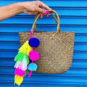 Hand Made Straw Tote w/ Pom tassel details